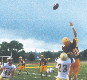 Damien Miller (#80) Leaps for the Catch <span class='credit'>Photo By: Kate Dupon | Photographer</span><span class='description'>Damien Miller (#80) leaps for the catch in the game against Tiffin. This Saturday, the Bulldogs will be pitted against Michigan Tech in the much-anticipated Battle at the Ballpark taking place at Fifth Third Ballpark in Comstock Park.</span>