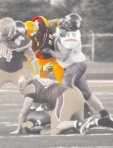 Playmaker <span class='credit'>Photo By: Kate Dupon | Photographer</span><span class='description'>Ferris State linebacker Kyle Fitzpatrick (#4) in the midst of a tackle against Ashland on Saturday, Sept. 5. Last week, Fitzpatrick was named player of the week after five tackles, a sack, and a 65 yard interception return for a touchdown against Tiffin on Aug. 29.</span>