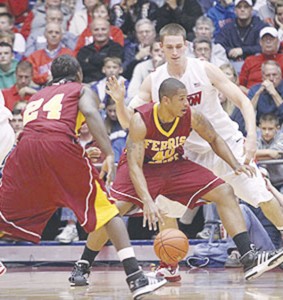 Exhibition Game: Junior Justin Keenan (#40) runs for the net in the Bulldogs’ exhibition game against the Dayton Flyers. The Ferris team fought it out and ended up with a 88-73 loss against the nationally-ranked team. Photo Courtesy of Ferris State Athletics