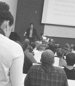 Going Global: IRC 120 was overflowing last Thursday with students coming to hear Professor Lars Rensmann from the University of Michigan speak on issues relating to globalization. Photo By: Kristyn Sonnenberg | Photo Editor Going Global: IRC 120 was overflowing last Thursday with students coming to hear Professor Lars Rensmann from the University of Michigan speak on issues relating to globalization. Photo By: Kristyn Sonnenberg | Photo Editor