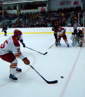 Topping It Off: Senior Blair Riley prepares for a shot against Western Michigan during Friday’s home game. This Saturday marked the end of the team’s regular season as they head into the first-round Central Collegiate Hockey Association Playoffs. Photo By: Kate Dupon | Photographer