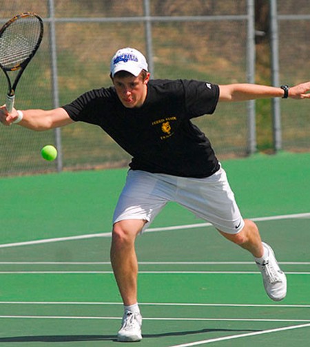 Sweet Victory: Jack Swan, tennis sophomore, defeated Grand Valley in his singles match on Sunday April 18, 6-3 6-3. Ferris went on to beat the Grand Valley team 5-2 overall. Photo courtesy of FSU Athletics