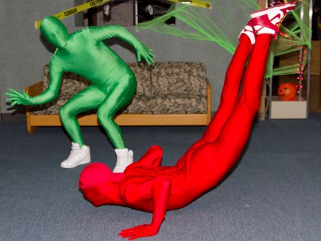 Halloween Festivities: Joe Nodge and Steve Jones sport green and red man suits recognizable from the TV show It’s Always Sunny in Philadelphia. Photo By: Brock Copus | Photographer Halloween Festivities: Joe Nodge and Steve Jones sport green and red man suits recognizable from the TV show It’s Always Sunny in Philadelphia. Photo By: Brock Copus | Photographer