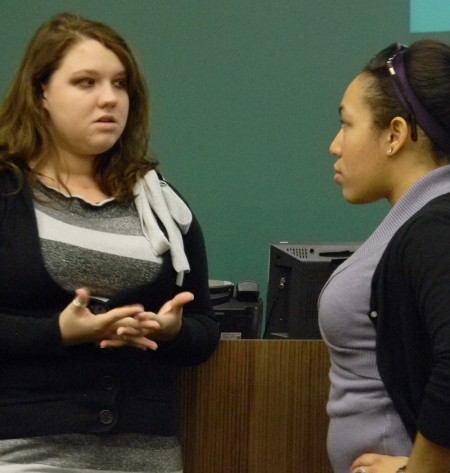 Student Discussions: Morgan Toms and Danielle Hoskey discuss controversial topics at the event “Free Speech, When It Goes Too Far.” Discussion topics were about anything from offensive imagery and bullying to the recent FSU T-shirts. Photo By: Angie Walukonis | Photographer Student Discussions: Morgan Toms and Danielle Hoskey discuss controversial topics at the event “Free Speech, When It Goes Too Far.” Discussion topics were about anything from offensive imagery and bullying to the recent FSU T-shirts. Photo By: Angie Walukonis | Photographer