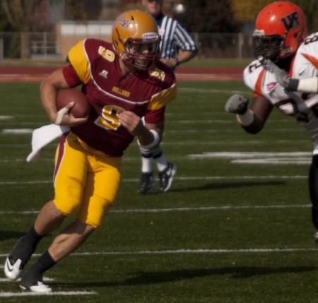 Victory Lost: Ferris State quarterback Tom Schneider and the rest of the Bulldogs lost to Indianapolis on Saturday after giving up 13 points in the fourth quarter. Schneider completed 24 of 31 passes for a total of 201 yards. Photo By: Kate Dupon | Photo Editor