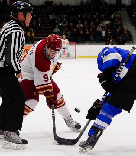 Defeating Alabama: Ferris sophomore Travis Ouellette takes a faceoff against an Alabama-Huntsville opponent. Ouellette scored twice for the Bulldogs on Feb. 11. Photo By: Brock Copus | Photographer Defeating Alabama: Ferris sophomore Travis Ouellette takes a faceoff against an Alabama-Huntsville opponent. Ouellette scored twice for the Bulldogs on Feb. 11. Photo By: Brock Copus | Photographer