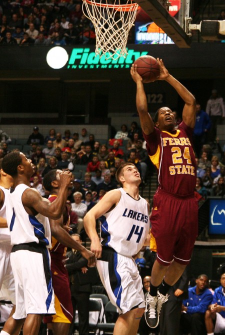 Victory Over Lakers: Daniel Sutherlin reaches for a basket against GVSU. The Bulldogs are now tied for first place in the GLIAC North with Grand Valley. Photo By: Brock Copus | Photographer Victory Over Lakers: Daniel Sutherlin reaches for a basket against GVSU. The Bulldogs are now tied for first place in the GLIAC North with Grand Valley. Photo By: Brock Copus | Photographer