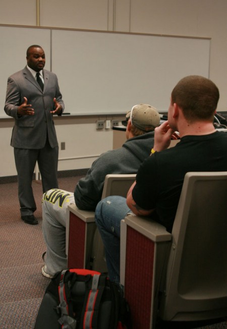 Childress Discussion: Ira Childress came to Ferris to talk to a sports communication class. Childress was a 2003 Ferris graduate who discussed how students can brand themselves after college. Photo By: Kate Dupon | Photo Editor Childress Discussion: Ira Childress came to Ferris to talk to a sports communication class. Childress was a 2003 Ferris graduate who discussed how students can brand themselves after college. Photo By: Kate Dupon | Photo Editor