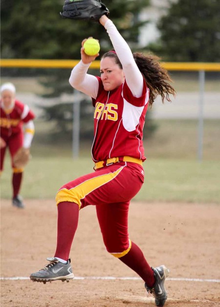 Defeating LSSU: Amy Dunleavy, freshman, pitches during the April 8 game against Lake Superior State. The Bulldogs defeated LSSU and are 13-15 for the 2011 season. Photo By: Brock Copus | Photographer