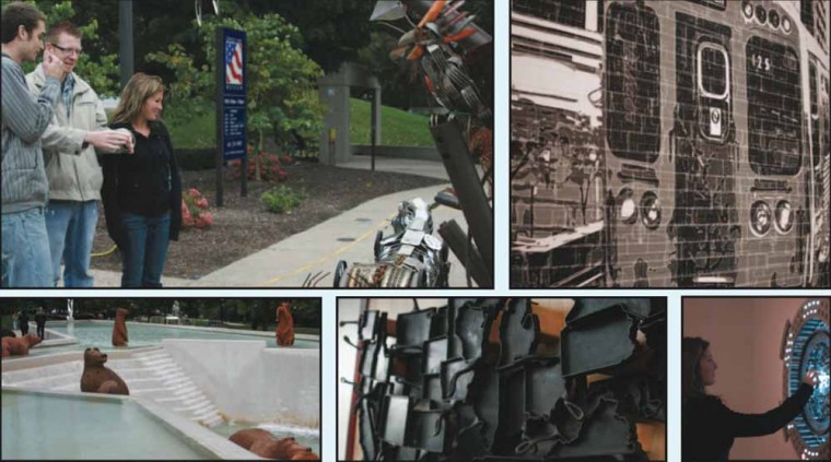 ArtPrize 2011: Top left, Dustin Bastian, Zach Dean and Rachel Trombley discuss at exhibit at ArtPrize. Top right, a collage of a train made up entirely of duct tape is on display at the Grand Rapids Public Museum. Bottom left, top ten piece Grizzlies on the Ford is wood sculptures carved with a chainsaw. Bottom middle, cast iron pans were formed into the shapes of the United States. Bottom right, Rachel Trombley plays with a light sculpture in the Grand Rapids Public Museum. Photos By: Kate Dupon | Photo Editor ArtPrize 2011: Top left, Dustin Bastian, Zach Dean and Rachel Trombley discuss at exhibit at ArtPrize. Top right, a collage of a train made up entirely of duct tape is on display at the Grand Rapids Public Museum. Bottom left, top ten piece Grizzlies on the Ford is wood sculptures carved with a chainsaw. Bottom middle, cast iron pans were formed into the shapes of the United States. Bottom right, Rachel Trombley plays with a light sculpture in the Grand Rapids Public Museum. Photos By: Kate Dupon | Photo Editor