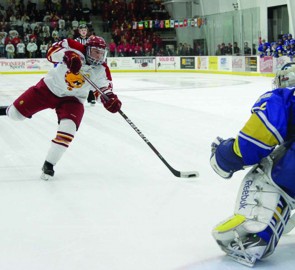  Collecting Points: FSU senior center Jordie Johnston made his 13th goal of the season during the game against the Alaska Nanooks. Johnston now leads the team with 21 points overall for the 2011-12 season. Photo By: Brock Copus | Multimedia Editor