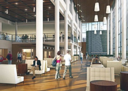 Rankin Student Center: Schematic Design Graphics (right) from the new University Center project, showing the same location. Photo Courtesy of Neumann/Smith Architecture