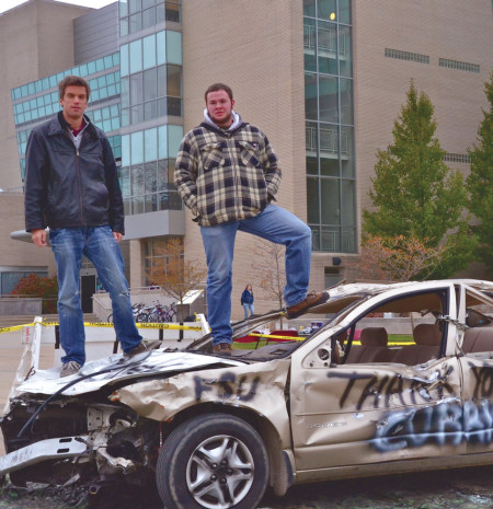 Ferris’s Automotive Management Student Organization hosted a fundraiser last week in the quad where students were able to smash an old car for $2. All proceeds went to Project Starburst, a local food bank in Big Rapids. Photo By: Olivia Odette | Photographer