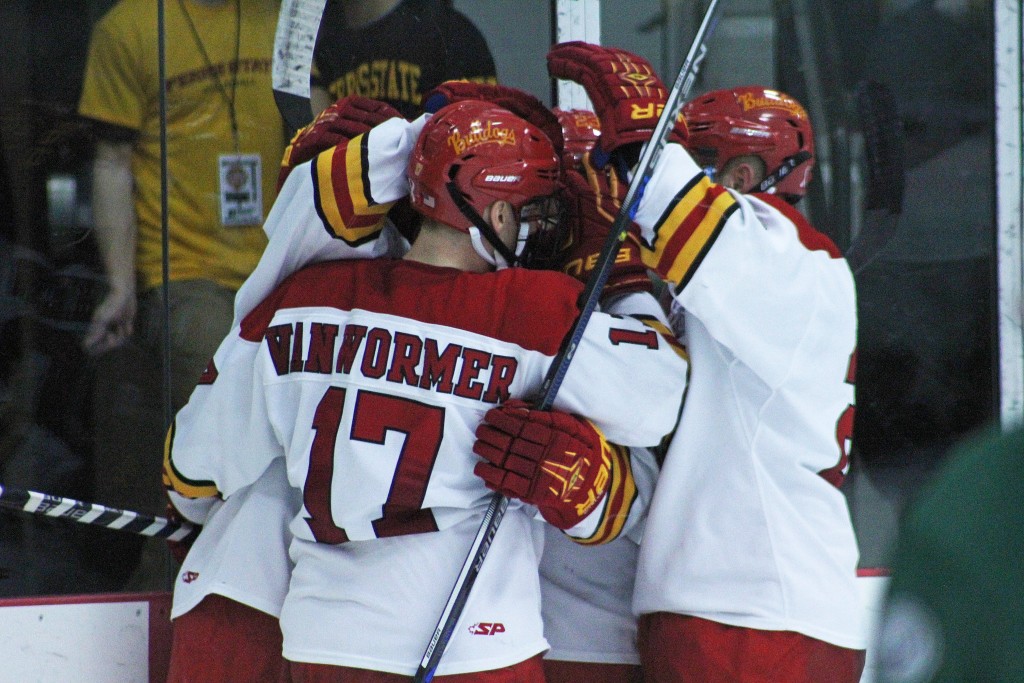 Ferris junior forward Gerald Mayhew went top shelf for a goal, while fellow linemen Jared VanWormer and Brandon Anselmini offered assists on the Bulldogs' first goal of the night that tied the contest at 1-1.
